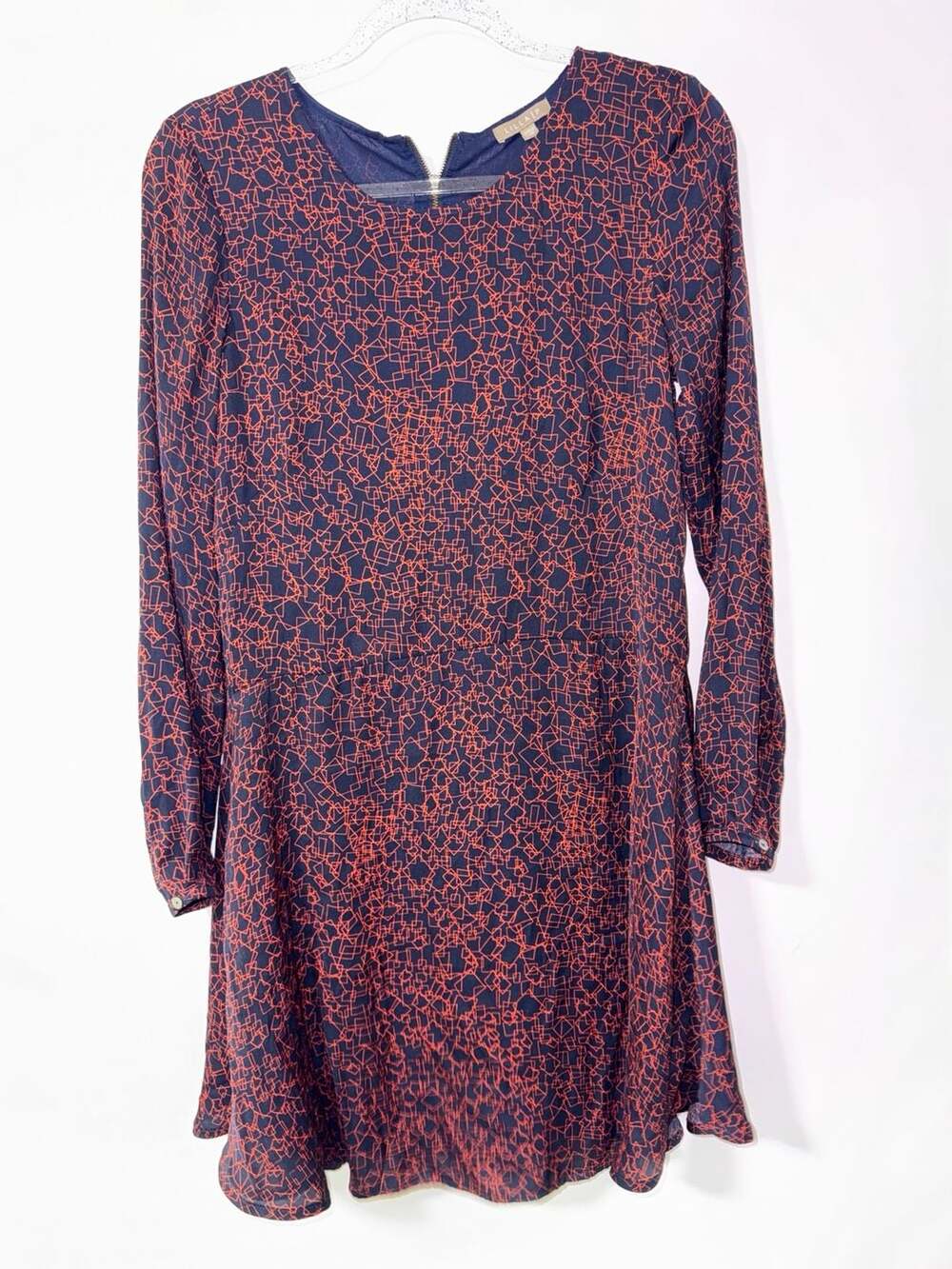 Lilla P Navy Blue and Red Abstract Print Long Sleeve Mini Dress with Back Zip Si